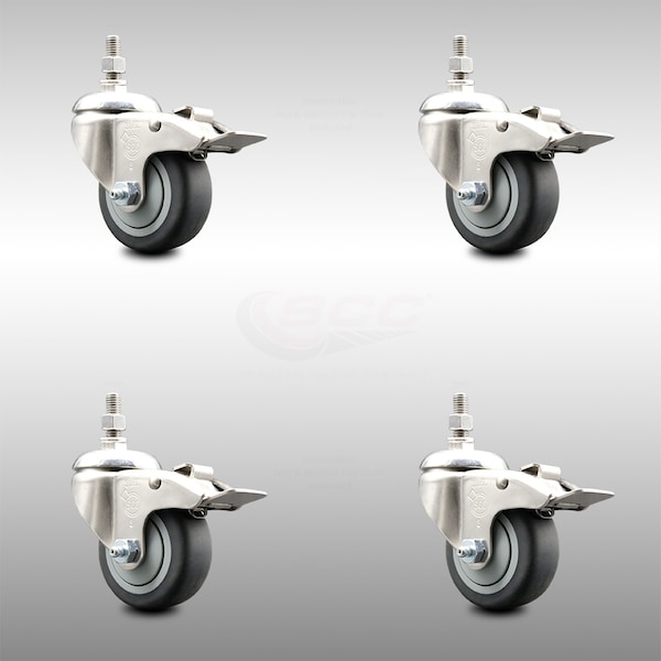 Service Caster 3 Inch 316SS Thermoplastic Rubber Swivel 10mm Stem Caster Set Lock Brake SCC SCC-SS316TSTTL20S314-TPRB-M1015-4 - main